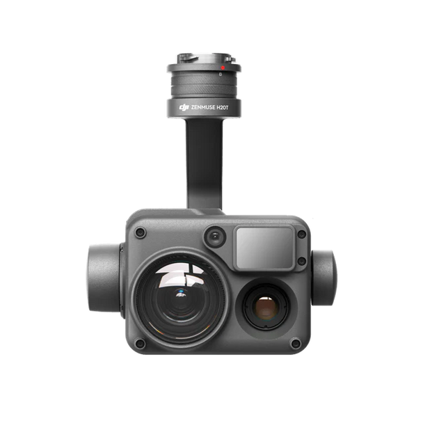 DJI Zenmuse H20T camera front view showcasing 12 MP wide and 20 MP zoom capabilities for versatile imaging.