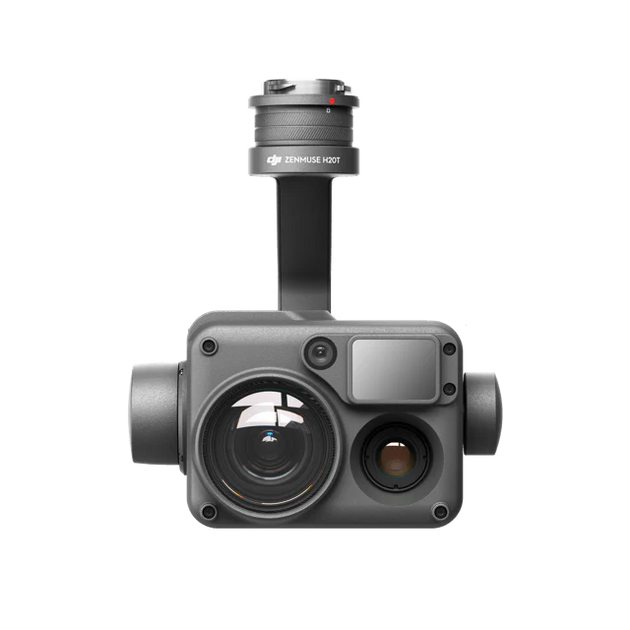 DJI Zenmuse H20T camera front view showcasing 12 MP wide and 20 MP zoom capabilities for versatile imaging.
