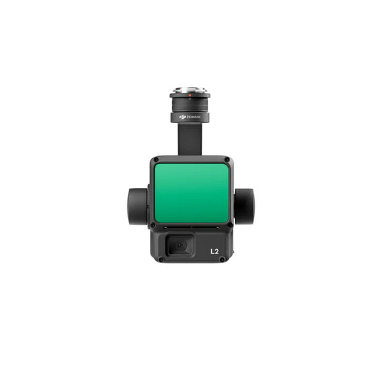 DJI Zenmuse L2 LiDAR camera front view with green sensor and RGB mapping capabilities.