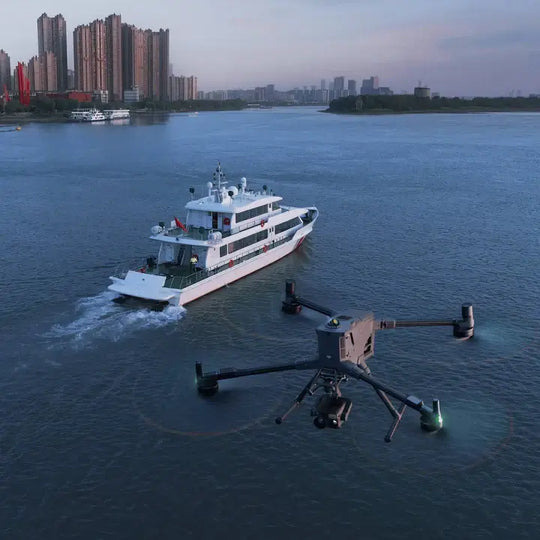 DJI drone flying above a river near a cruise ship, showcasing aerial photography capabilities.