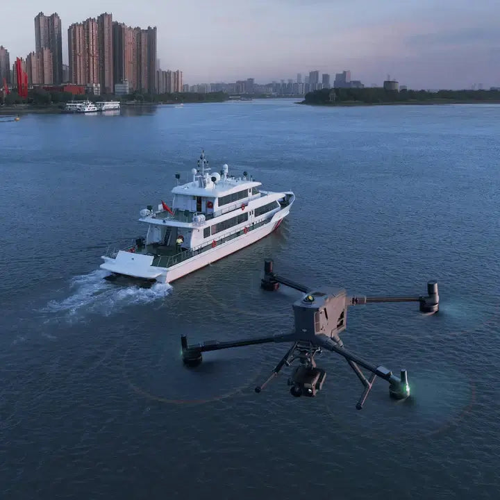 DJI drone flying above a river near a cruise ship, showcasing aerial photography capabilities.