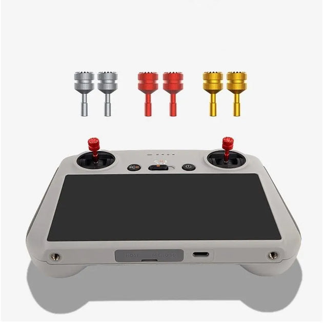 DJI Mini 3 Pro RC smart remote controller with red, titanium, and gold joysticks, ergonomic design and durable construction.