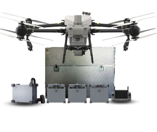 DJI T50 drone charger bundle with three batteries and accessories for agricultural use.